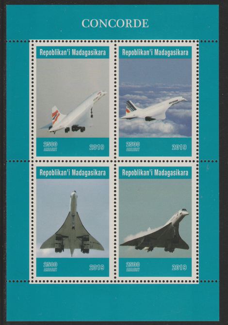 Madagascar 2019 Concorde perf sheetlet containing 4 values unmounted mint. Note this item is privately produced and is offered purely on its thematic appeal, it has no postal validity, stamps on , stamps on  stamps on aviation, stamps on  stamps on concorde
