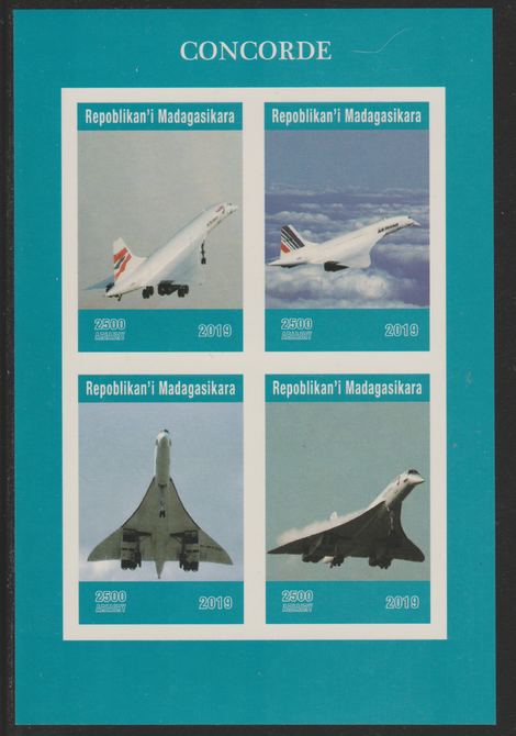 Madagascar 2019 Concorde imperf sheetlet containing 4 values unmounted mint. Note this item is privately produced and is offered purely on its thematic appeal, it has no postal validity, stamps on aviation, stamps on concorde