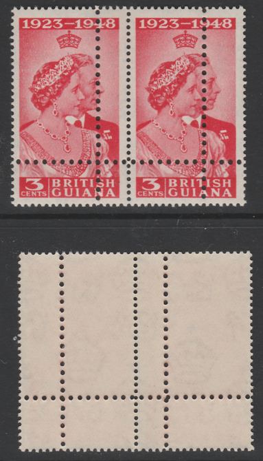 British Guiana 1949 Royal Silver Wedding 3c horizontal pair with perforations doubled, unmounted mint. Note: the stamps are genuine but the additional perfs are a slightly different gauge identifying it to be a forgery., stamps on royalty, stamps on  kg6 , stamps on 