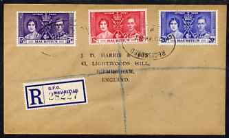 Mauritius 1937 KG6 Coronation set of 3 on reg cover with first day cancel addressed to the forger, J D Harris.  Harris was imprisoned for 9 months after Robson Lowe expos..., stamps on , stamps on  kg6 , stamps on forgery, stamps on forger, stamps on forgeries, stamps on coronation