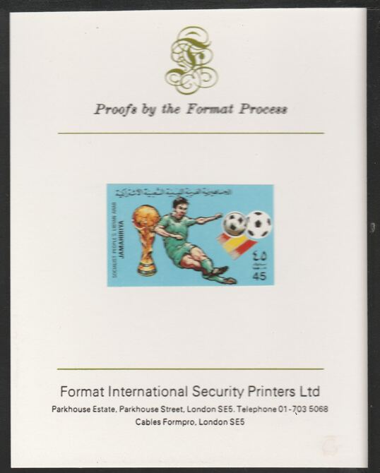 Libya 1982 Football World Cup 45dh imperf mounted on Format International Proof Card, as SG1180, stamps on football