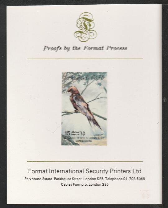 Libya 1982 Birds - Eurasian Swift 15dh imperf mounted on Format International Proof Card, as SG1191, stamps on , stamps on  stamps on birds, stamps on  stamps on swifts