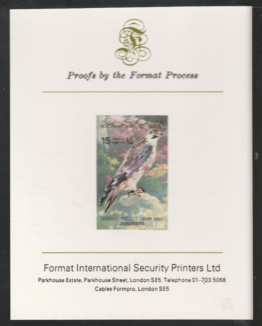 Libya 1982 Birds - Peregrine Falcon 15dh imperf mounted on Format International Proof Card, as SG1192, stamps on birds, stamps on birds of prey, stamps on falcons
