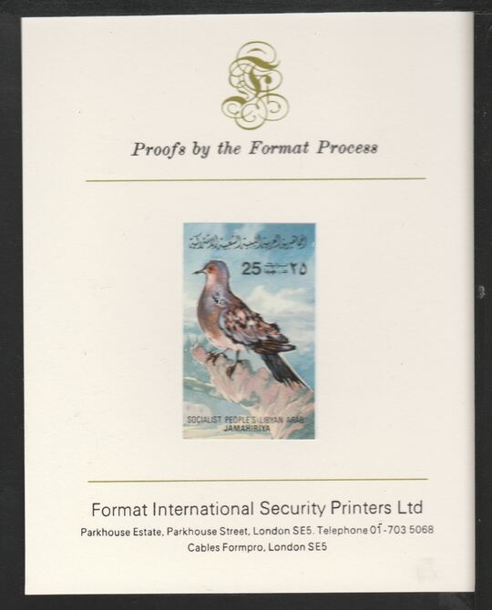 Libya 1982 Birds - Turtle Dove 25dh imperf mounted on Format International Proof Card, as SG1195, stamps on birds, stamps on doves