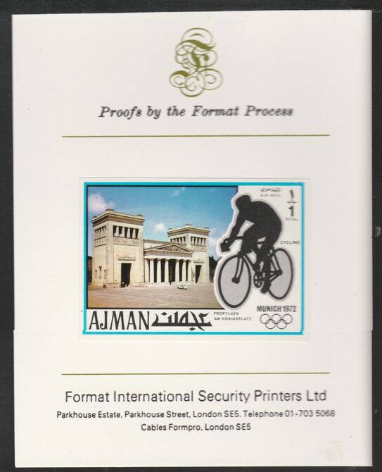 Ajman 1971 Cycling 1R from Munich Olympics set, imperf proof mounted on Format International proof card, as Mi 742B, stamps on bicycles, stamps on  vw , stamps on , stamps on olympics, stamps on sport