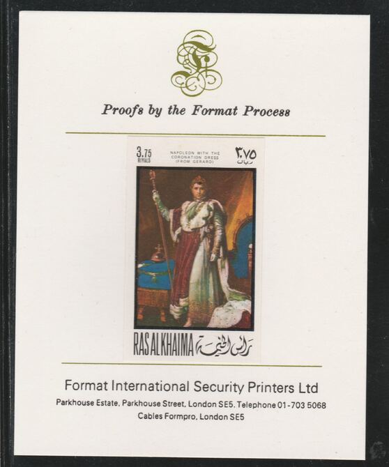 Ras Al Khaima 1969 Napoleon by Simon Gerard.3.75R  imperf mounted on Format International proof card, as Mi 324B, stamps on arts   history  personalities    napoleon  , stamps on dictators.