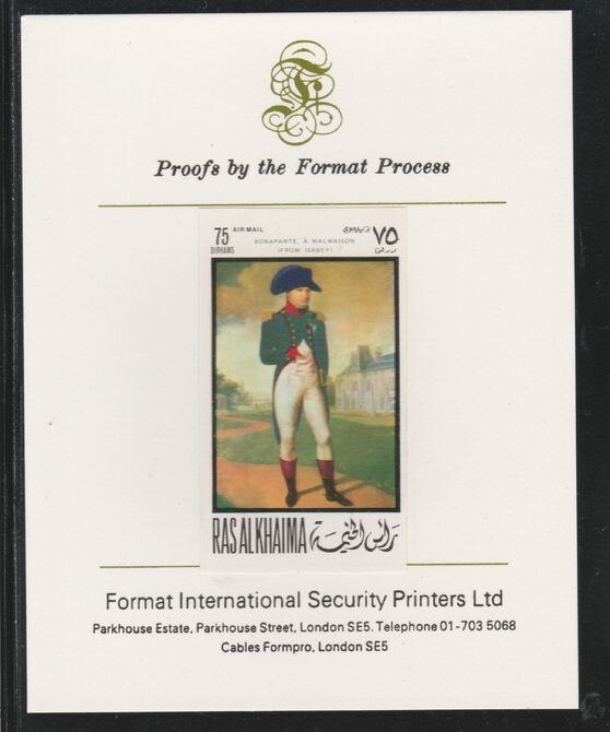 Ras Al Khaima 1969 Napoleon by Jean-Baptiste 75D,imperf mounted on Format International proof card, as Mi 325B, stamps on arts, stamps on history, stamps on personalities, stamps on napoleon, stamps on , stamps on dictators.