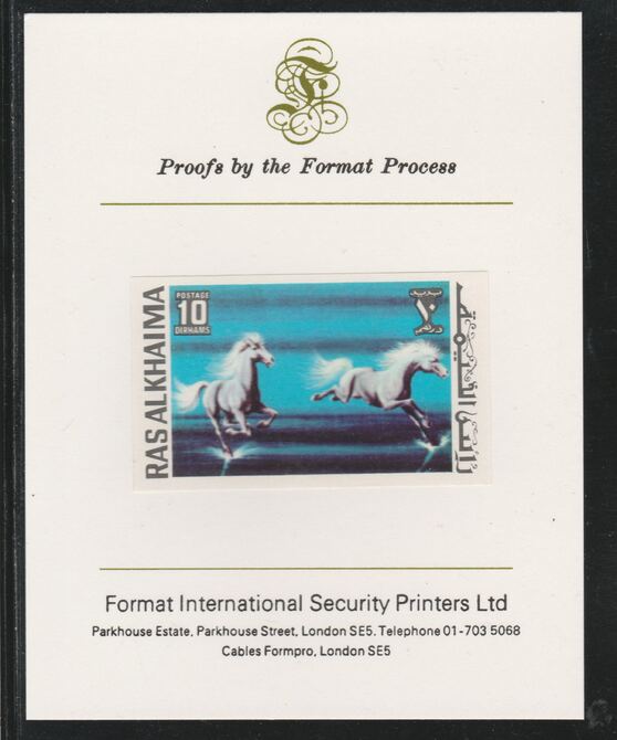 Ras Al Khaima 1972 Horses 10Dh,imperf mounted on Format International proof card, as Mi 656B, stamps on , stamps on  stamps on animals, stamps on  stamps on horses, stamps on  stamps on 