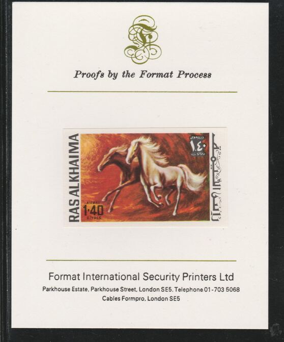 Ras Al Khaima 1972 Horses 1.4R,imperf mounted on Format International proof card, as Mi 659B, stamps on animals, stamps on horses, stamps on 