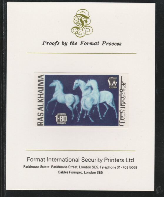 Ras Al Khaima 1972 Horses 1.8R,imperf mounted on Format International proof card, as Mi 660B, stamps on animals, stamps on horses, stamps on 