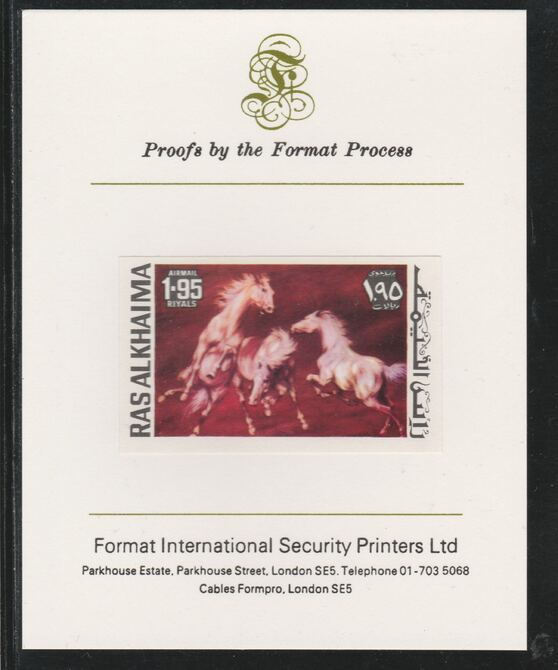 Ras Al Khaima 1972 Horses 1.95R,imperf mounted on Format International proof card, as Mi 661B, stamps on animals, stamps on horses, stamps on 