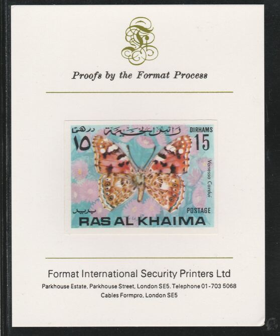 Ras Al Khaima 1972 Butterflies 15Dh,imperf mounted on Format International proof card, as Mi 614B, stamps on insects, stamps on butterflies