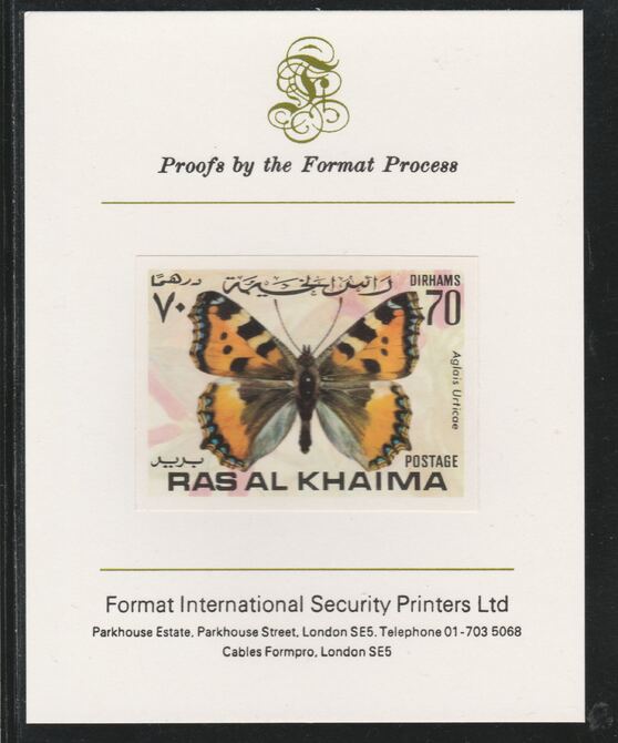 Ras Al Khaima 1972 Butterflies 70Dh,imperf mounted on Format International proof card, as Mi 616B, stamps on insects, stamps on butterflies