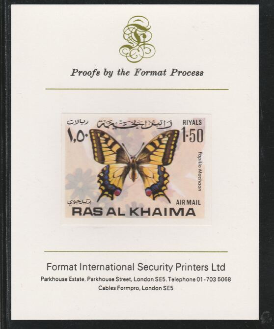 Ras Al Khaima 1972 Butterflies 1.50R,imperf mounted on Format International proof card, as Mi 618B, stamps on insects, stamps on butterflies