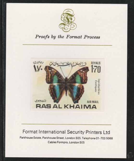 Ras Al Khaima 1972 Butterflies 1.70R,imperf mounted on Format International proof card, as Mi 619B, stamps on insects, stamps on butterflies