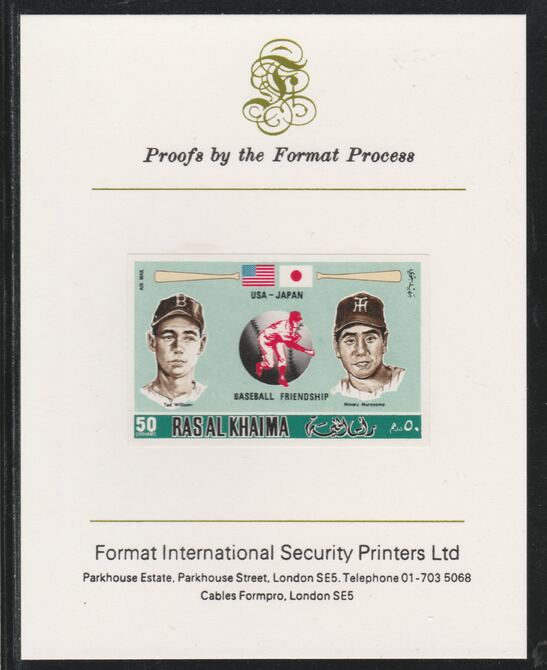 Ras Al Khaima 1972 Baseball USA & Japan 50Dh,imperf mounted on Format International proof card, as Mi 719B, stamps on sport, stamps on baseball