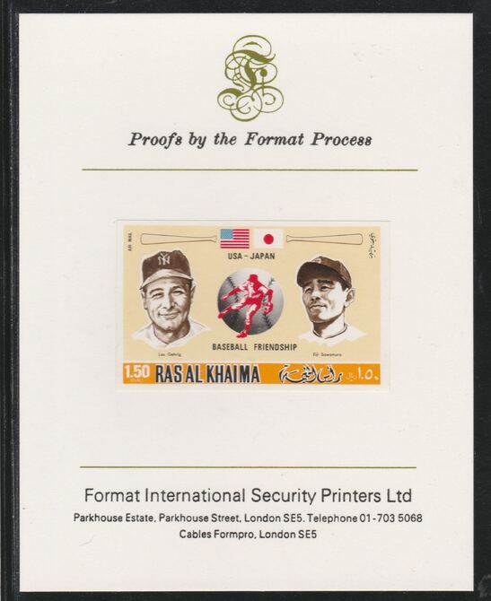 Ras Al Khaima 1972 Baseball USA & Japan 1.5R,imperf mounted on Format International proof card, as Mi 722B, stamps on , stamps on  stamps on sport, stamps on  stamps on baseball