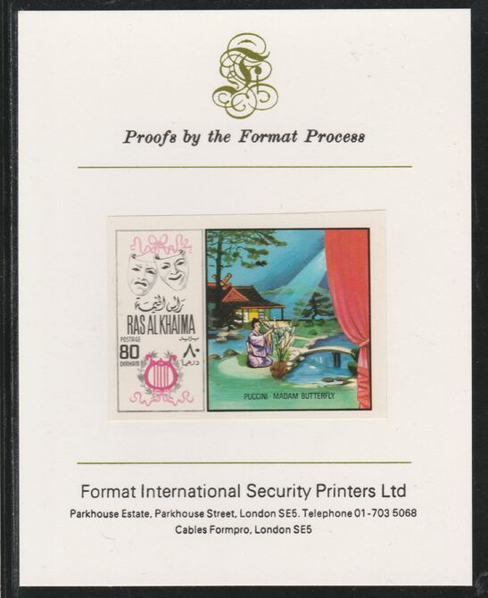 Ras Al Khaima 1969 Scenes from Operas 80Dh Madam Butterfly by Puccini,imperf mounted on Format International proof card, as Mi 284B, stamps on music, stamps on operas, stamps on composers