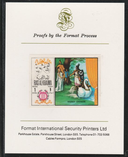 Ras Al Khaima 1969 Scenes from Operas 1R Lohengrim by Wagner,imperf mounted on Format International proof card, as Mi 284B, stamps on music, stamps on operas, stamps on composers