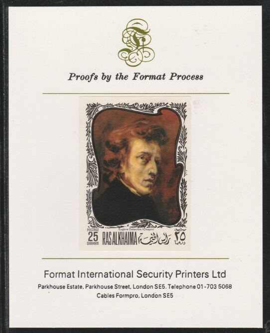 Ras Al Khaima 1969 Paintings of Composers - Chopin  25D imperf mounted on Format International proof card, as Mi 276B, stamps on music, stamps on composers, stamps on chopin