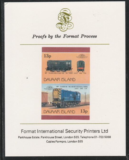 Davaar Island 1983 Locomotives #2 BR Class DEJ4 0-6-0 shunter 13p imperf se-tenant pair mounted on Format International proof card, stamps on railways