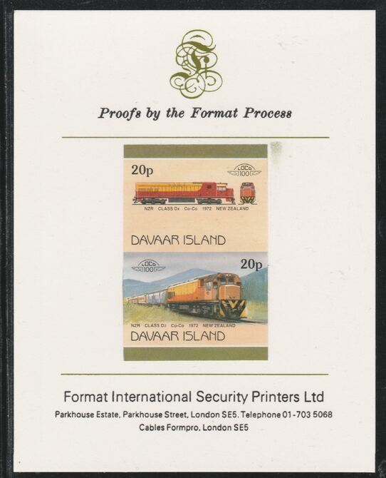 Davaar Island 1983 Locomotives #2 NZR Class Dx Co-Co loco 20p imperf se-tenant pair mounted on Format International proof card, stamps on railways