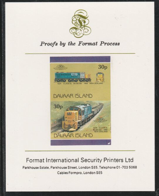 Davaar Island 1983 Locomotives #2 NZR Class Dj Bo-Bo-Bo loco 30p imperf se-tenant pair mounted on Format International proof card, stamps on railways