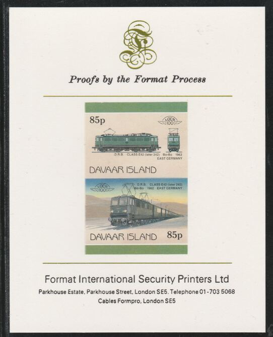 Davaar Island 1983 Locomotives #2 DRB Class E42 Bo-Bo loco 85p imperf se-tenant pair mounted on Format International proof card, stamps on railways