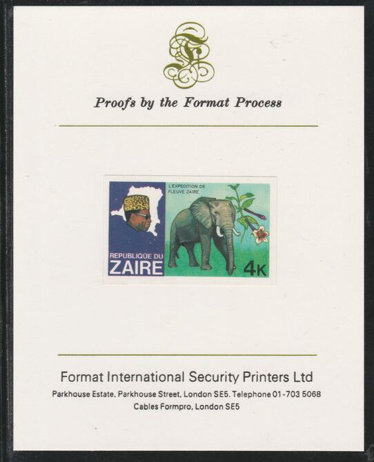 Zaire 1979 River Expedition 4k Elephant imperf mounted on Format International proof card as SG 954, stamps on animals, stamps on elephants