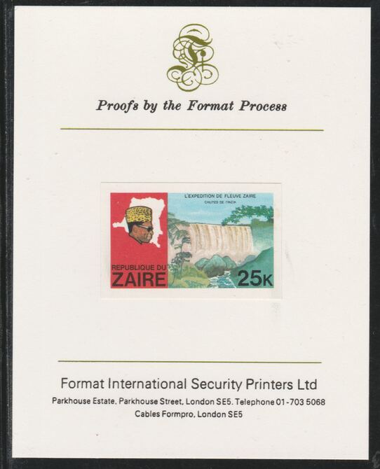 Zaire 1979 River Expedition 25k Inzia Falls imperf mounted on Format International proof card as SG 958, stamps on waterfalls