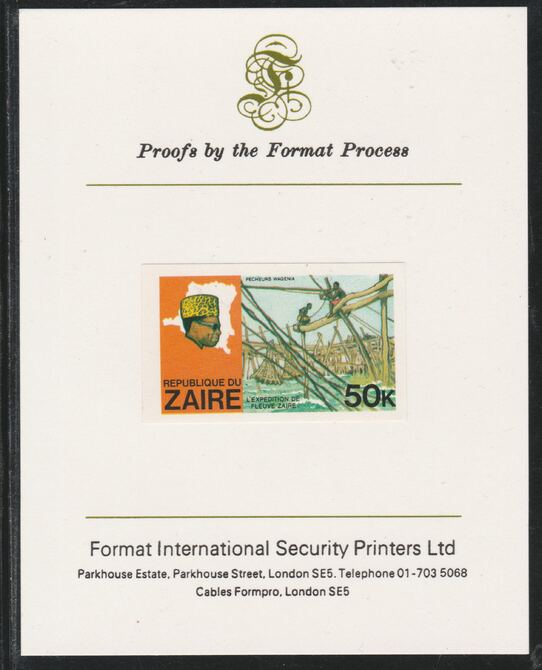 Zaire 1979 River Expedition 50k Fishermen imperf mounted on Format International proof card as SG 959, stamps on fishing