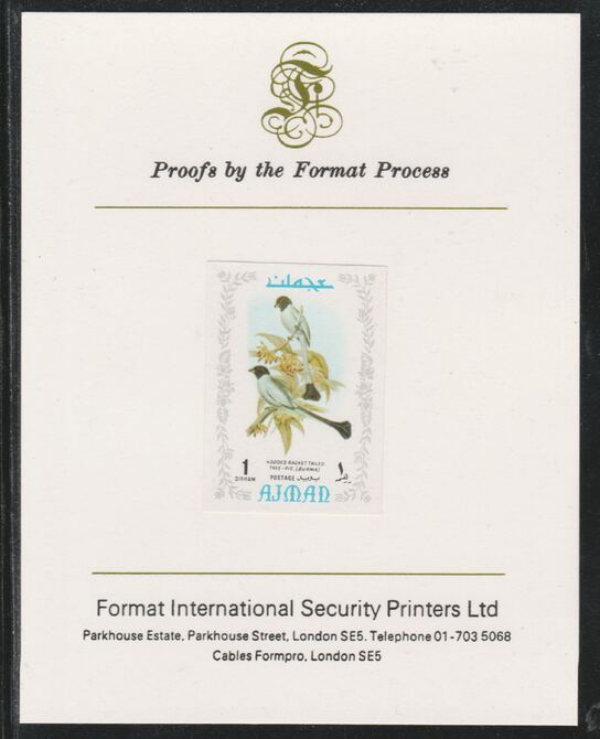 Ajman 1971 Exotic Birds - Hooded Treepie 1Dh imperf mounted on Format International proof card as Mi 879B, stamps on birds