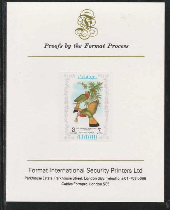 Ajman 1971 Exotic Birds - Red-Bearded Bee-Eater 3Dh imperf mounted on Format International proof card as Mi 881B, stamps on birds, stamps on bee-eatter