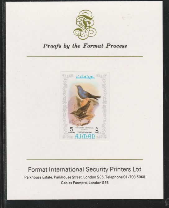 Ajman 1971 Exotic Birds - Grandala 5Dh imperf mounted on Format International proof card as Mi 882B, stamps on birds
