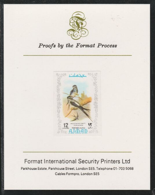 Ajman 1971 Exotic Birds - Moustached Treeswift 12Dh imperf mounted on Format International proof card as Mi 885B, stamps on birds