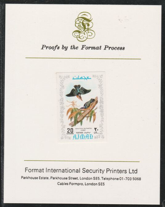 Ajman 1971 Exotic Birds - Beautiful Nuthatch 20Dh imperf mounted on Format International proof card as Mi 887B, stamps on birds, stamps on nuthatch