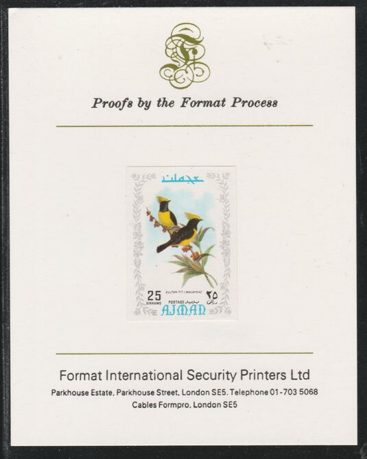 Ajman 1971 Exotic Birds - Sultan Tit 25Dh imperf mounted on Format International proof card as Mi 888B, stamps on birds