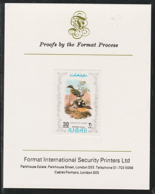 Ajman 1971 Exotic Birds - Indian Pitta 30Dh imperf mounted on Format International proof card as Mi 889B, stamps on birds