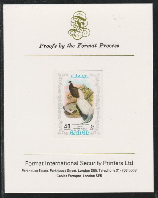 Ajman 1971 Exotic Birds - Brown-Eared Pheasant 40Dh imperf mounted on Format International proof card as Mi 890B, stamps on birds, stamps on game, stamps on pheasants