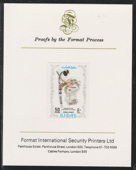 Ajman 1971 Exotic Birds - Gold-Billed Magpie 50Dh imperf mounted on Format International proof card as Mi 891B, stamps on birds, stamps on magpie