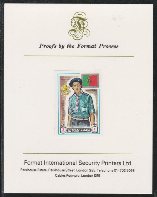 Ajman 1971 World Scouts - Portugal 3Dh imperf mounted on Format International proof card as Mi 906B, stamps on scouts, stamps on flags