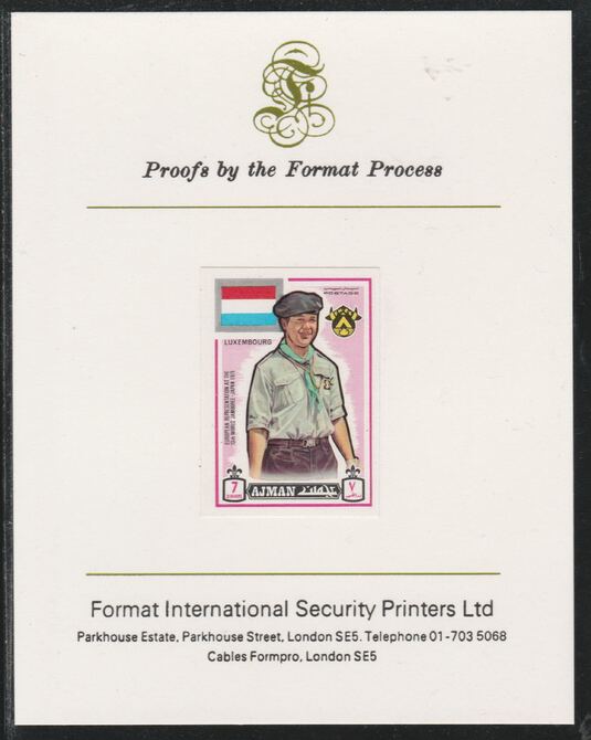 Ajman 1971 World Scouts - Luxemburg 7Dh imperf mounted on Format International proof card as Mi 908B, stamps on scouts, stamps on flags