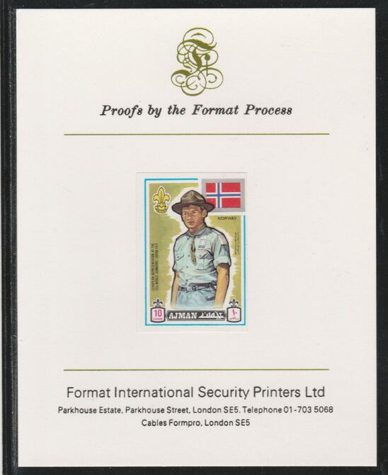 Ajman 1971 World Scouts - Norway 10Dh imperf mounted on Format International proof card as Mi 909B, stamps on scouts, stamps on flags