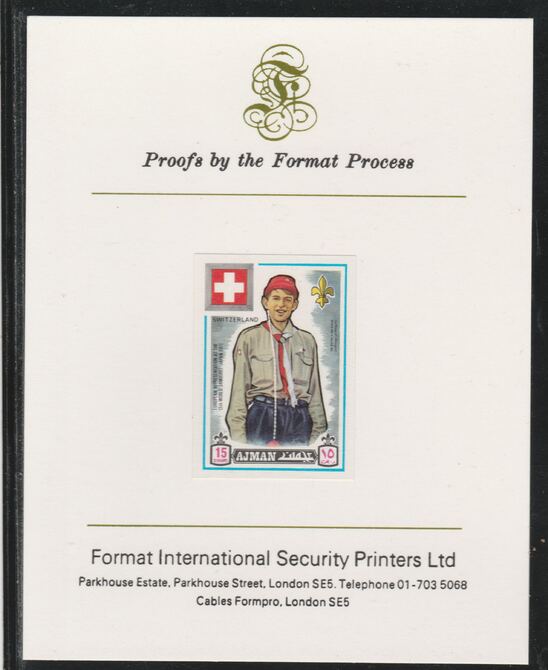 Ajman 1971 World Scouts - Switzerland 15Dh imperf mounted on Format International proof card as Mi 911B, stamps on scouts, stamps on flags