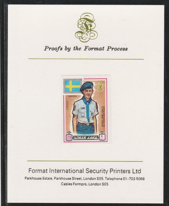 Ajman 1971 World Scouts - Sweden 20Dh imperf mounted on Format International proof card as Mi 912B, stamps on , stamps on  stamps on scouts, stamps on  stamps on flags