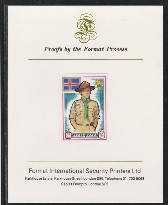 Ajman 1971 World Scouts - Iceland 25Dh imperf mounted on Format International proof card as Mi 913B, stamps on scouts, stamps on flags