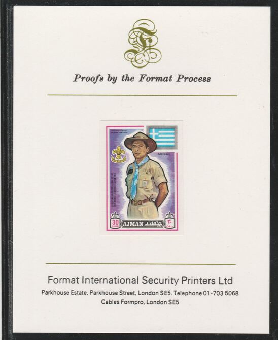 Ajman 1971 World Scouts - Greece 30Dh imperf mounted on Format International proof card as Mi 914B, stamps on , stamps on  stamps on scouts, stamps on  stamps on flags