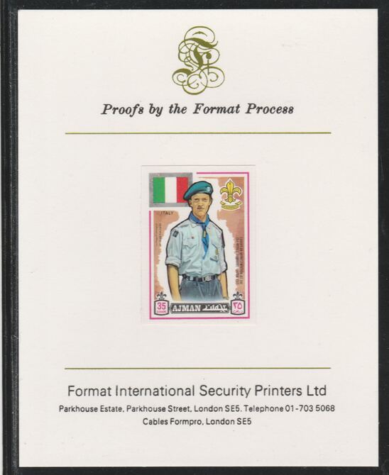 Ajman 1971 World Scouts - Italy 35Dh imperf mounted on Format International proof card as Mi 915B, stamps on scouts, stamps on flags