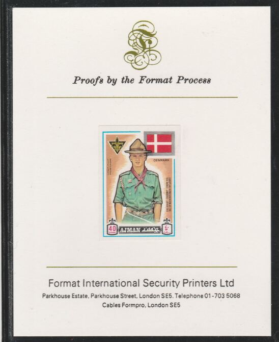 Ajman 1971 World Scouts - Denmark 40Dh imperf mounted on Format International proof card as Mi 916B, stamps on scouts, stamps on flags