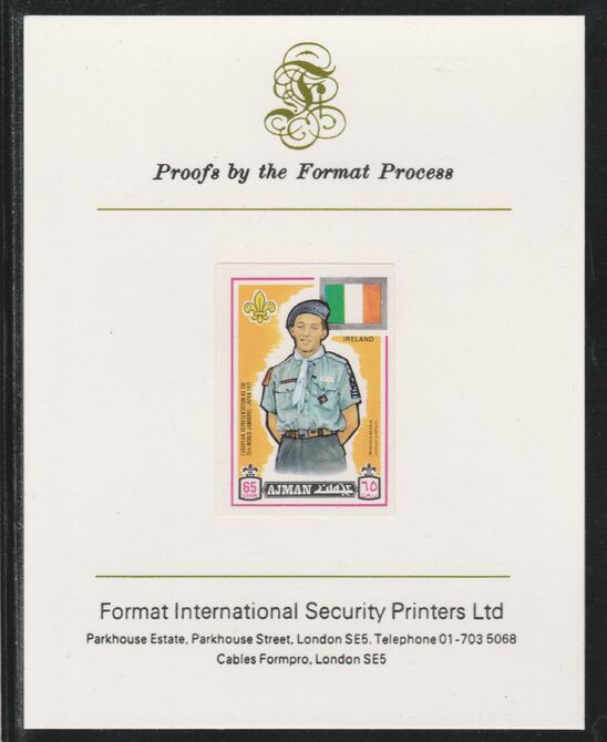 Ajman 1971 World Scouts - Ireland 65Dh imperf mounted on Format International proof card as Mi 918B, stamps on scouts, stamps on flags